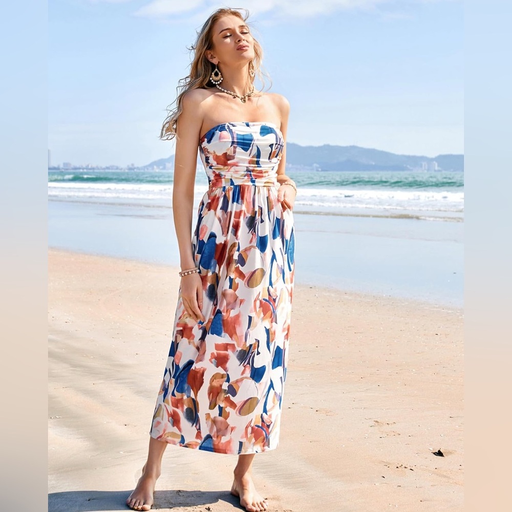 GRACE KARIN Women Strapless Casual Loose Ruched Long Maxi Dress with Pockets